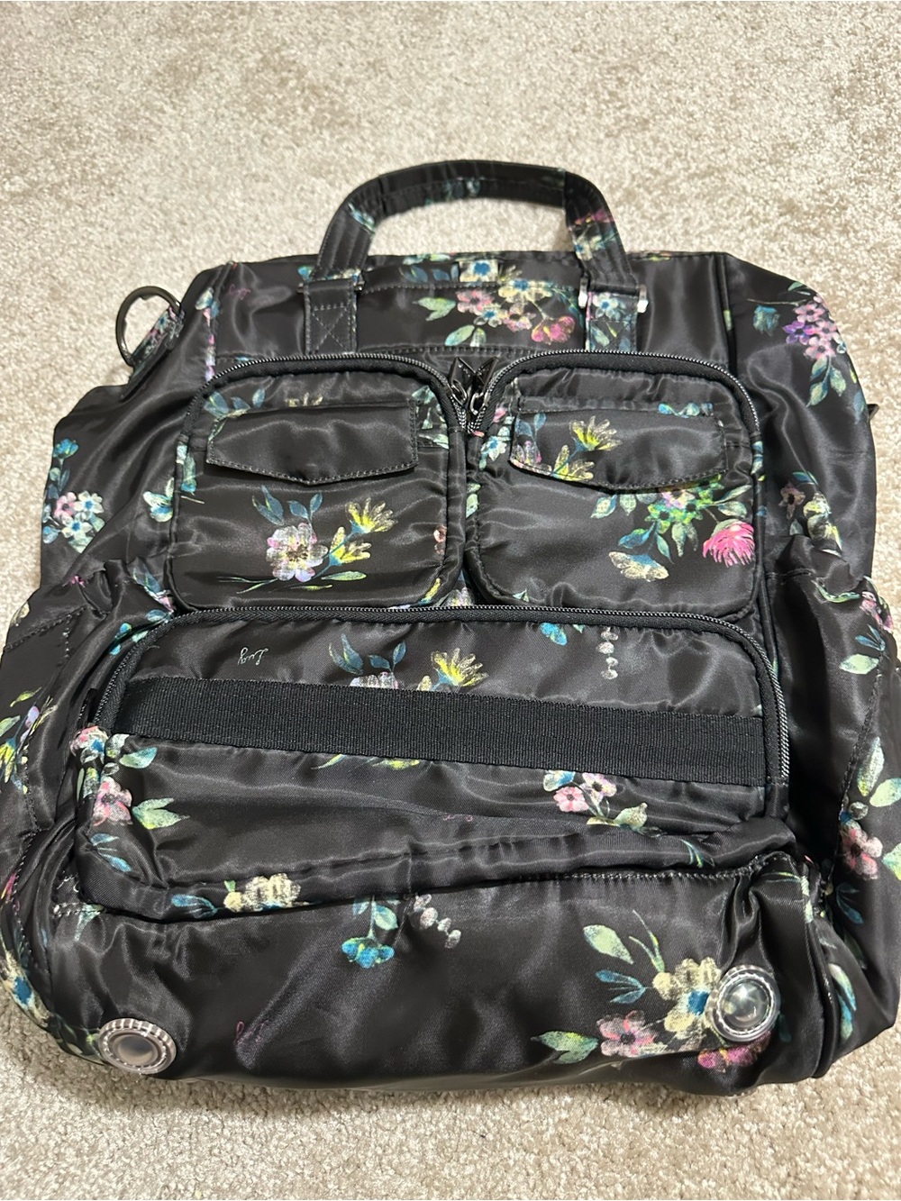 lug Floral Nylon Multi-Pocket Backpack Tote - Black with Pastel Flowers